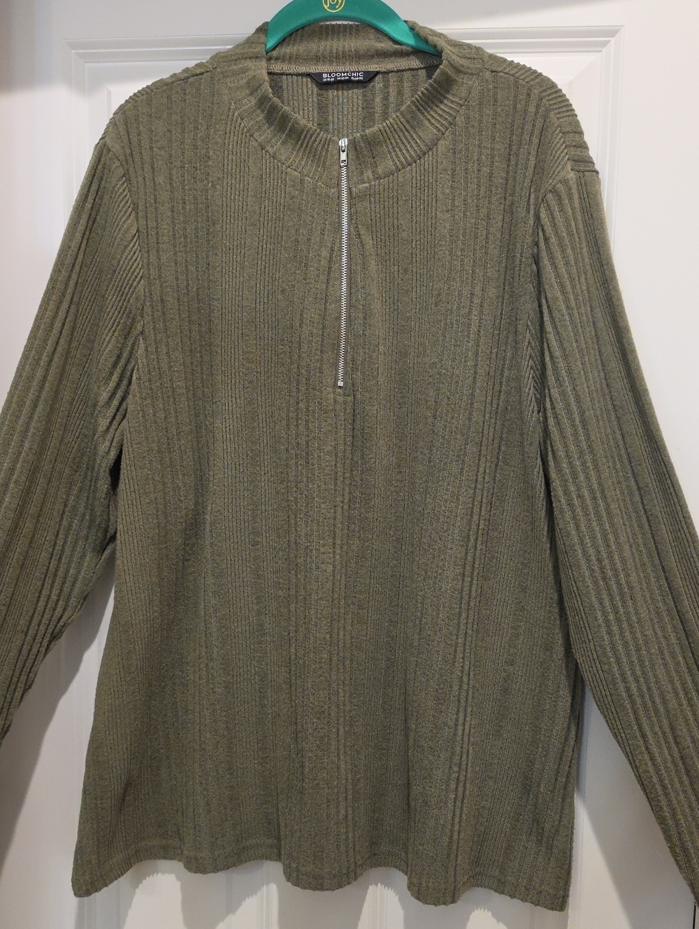 Bloomchic Half-Zip Lightweight Ribbed Sweater in Olive Green 2x
